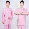 Abbigliamento etnico Lino Donna Tai Chi Uniformi Ricamo Fiore Mattina Tuta da allenamento Collo alla coreana 2 pezzi Tang Set da donna