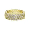 Fedi nuziali Iced Out Clear Cz completo pavimentato Eternity Band Anello di fidanzamento per coppie Anello color oro Hip Hop Tripla fila Donna Uomo