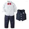 Clothing Sets Boy Formal Outfits Cotton Kid Clothes Set Toddler Long-sleeved Shirt With Bow Tie Vest Trouser Suit Boys Party Birthday Wear
