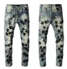 Herren-Jeans für Jungs, Rip Slim Fit, Skinny-Mann-Hose, orangefarbene Stern-Patches, trägt Biker-Denim, Stretch, Kult, Stretch, Motorrad, trendig, lang, gerade, Hip-Hop, mit Loch, blau