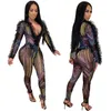 Women's Two Piece Pants 2Pcs Women Transparent Sets Sexy Deep V Neck Print Long Sleeve Ruffle Bodysuits High Waist Female Fashion Outfits