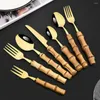 Dinnerware Sets 7Pcs Gold Bamboo Tableware Set Stainless Steel Nature Handle Retro Cutlery Steak Knive Table Fork Spoon Dessert Gift