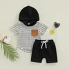 Ensembles de vêtements été enfants garçons tenues contraste couleur rayé à manches courtes à capuche hauts avec poches et shorts extensibles ensemble pour enfants