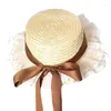 Large Bord Chapeaux Ruban Chapeau De Paille Dentelle Plage Soleil D'été Pour Femmes Protection Fleurs Mignon Plat