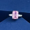 Cluster Rings 925 Sterling Silver Three Stone Ring Emerald Cut Center Pink Zircon Diamonds White Gold Wedding Jewelry For Women