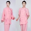 Abbigliamento etnico Lino Donna Tai Chi Uniformi Ricamo Fiore Mattina Tuta da allenamento Collo alla coreana 2 pezzi Tang Set da donna