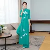 Vêtements ethniques Ao Dai Vietnam Lady Set 2022 Printemps Été Femme Peinte à la main Cheongsam Slim Robe fendue Pantalon à jambes larges Costume deux pièces