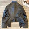 レディースレザースプリングレディースコート2023到着短い長さの服本物のジャケットスプレッチデニム雰囲気オーバーコート