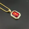 Pendant Necklaces Hip Hop Chain Necklace Rhinestone Gold Color Square Red Crystal Pendants & For Women Men Jewelry