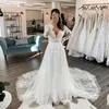 Vestido de noiva vestidos de renda cheia vintage mangas compridas vestidos de noiva Apliques V zip de pescoço traseiro Trem modesto vestidos de novia