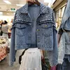 Damesjassen vrouwen vintage blauwe korte denim jas lente mode parel kralen klinknagel tassel casual lange mouwjeans vrouwelijk streetwear