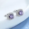 Orecchini a bottone in argento sterling 925 con taglio a cuscino gioielli in zircone blu viola cristallo trasparente fidanzamento quadrato per regalo da donna