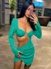 Festklänningar Mozision Autumn Diamond Chain Hollow Out Full Sleeve Mini för kvinnor Fashion Green Backless Ruched Vestido kläder 221113