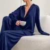 Tweedelige broek voor dames 2022 Autumn Winter Satijnen Silk Sleep Meer Elegante vrouwen Losse lange mouw Laaggesneden sexy pyjama's Vrouwelijke trainingspaksets