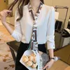 Women's Blouses 2022 Spring Design V-neck White Turquoise Korean Tops Long Sleeve Tie Professional Shirt Women's Elegant Blouse