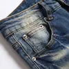 Mäns jeans män blå läder lappar jeans streetwear nödställda rippade stretch denim byxor smala avsmalnande byxor T221102