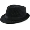 Boinas ht1516 moda homens fedora hat estilo britânico listrado trilby clássico retro jogador jazz casual cinza preto fedoras1596717