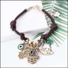 Altri braccialetti Vendono Bracciale in pelle Blue Eye Lucky Evil con Hamsa Hand Of Fatima Braccialetti con corda in cera per ragazze Donne Wholesa Dhdfw