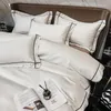 Embroidery Bedding Set White Egyptian Cotton 600TC Quilt Duvet Cover Flat Bed Sheet Pillowcases Solid Color Bedclothes Home Textil193B