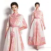 Casual Dresses 2022 Autumn Long Dress for Women Elegant Fashion Ankle-Length Party Robe Lantern Sleeve Stand Collar Empire Vintage Pink