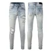 Diseñador pila jeans Europeo púrpura jean hombres bordado acolchado rasgado para marca de tendencia pantalón vintage mens pliegue delgado flaco moda Jeans