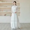 Ethnische Kleidung 2022 Traditionelles chinesisches Vintage-Zen-Set Verbesserte Hanfu-Kleidung Frauen Nationaler Blumendruck Chiffon Qipao Kleid Hosen
