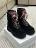 2023 Women's boots shoes Black and white wool matching leather high short top boots Thick soled Lace up casual