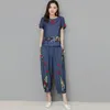 Этническая одежда китайский стиль моды Summer Women Vintage Cotton Два кусочка набор дамы O-образных топов и эластичные брюки гарема 12403