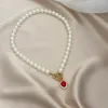 Pendentif Colliers Français Collier De Perles Pour Les Femmes Rouge Verre Coeur Plein De Strass OT Boucle Clavicule Chaîne À La Mode Bijoux De Mariage Cadeau
