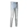 Men's Jeans Men Pale Light Blue Biker Jeans Cracked Pleated Patch Patchwork Stretch Denim Pants Streetwear Holes Ripped Skinny Trousers T221102