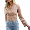 Camicette da donna Crop camicetta con scollo a V pullover anti-sbiadimento top vita incrociata scava fuori l'ombelico esposto autunno