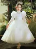 White Lace Flower Girl Dresses Långa ärmar för bröllop Appliced ​​Ball Gown Toddler Pageant -klänningar Tulle Custom Made First Communion Dress 403