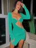 Festklänningar Mozision Autumn Diamond Chain Hollow Out Full Sleeve Mini för kvinnor Fashion Green Backless Ruched Vestido kläder 221113