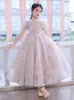 Robes de fille de fleur rose avec applications en dentelle illusion filles à paillettes de concours