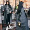 Women's Wool Blends Elegant Women Plaid Coat Korea Retro Dark Gray Double Breasted Long Sleeve Chic Loose Outerwear Ladies Jacket Overcoat 221114