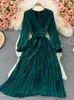 Casual Dresses Autumn Women Pleated Midi Dress Vintage Red/Purple/Green Draped Party Vestidos Elegant High Waist Long Sleeve Robe 2022