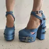 Rontic fait à la main femmes plate-forme pompes Denim boucle sangle talons épais bout rond joli bleu Cosplay chaussures taille américaine 5-15