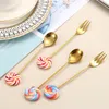 Lollipop Shape Lepel en Forks Derenwaren Sets 430 roestvrijstalen koffie Dessert Cake Tea Roer gouden lepels met geschenkdoos voor thuiskantoorfeestje