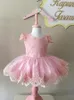 Vestidos de menina luxuosos de flor rosa renda pequena princesa o pescoço de manga curta, vestido de miçanga.