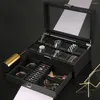 Watch Boxes 24 Digit Box Carbon Fiber Case PU Wooden Display Watches Organizer Black Cabinet Double Layer Jewelry Storage