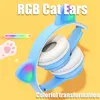 Auricolari per cellulare Pink Girl Cuffie senza fili RGB Cute Cat Ears Cuffie con microfono Cancellazione del rumore Cuffie stereo per bambini Regali per bambini 221114