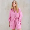 Women's Sleepwear Sexy Pyjamas HiLoc Casual Sleepwear Cotton Pajamas For Women Sets Suit TurnDown Collar Nine Quarter Sleeve Sleep Tops Shorts Female Homewear