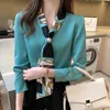 Women's Blouses 2022 Spring Design V-neck White Turquoise Korean Tops Long Sleeve Tie Professional Shirt Women's Elegant Blouse