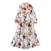 Casual Dresses 2022 Women Fashion Rose European Long Bubble-sleeve Print Flowers Swing Dress Vestidos De Fiesta