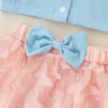 Clothing Sets Kid Girl Outfits Set Lapel Ruffle Trim Short Sleeve Buttons Shirts Tops With Bow Butterfly Decoration Mesh Skirt