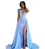 2023 Sexig A-Line Satin Evening Dresses Long With 3D Flower Peads Sleeveless High Split Cut-Out One Shoulder Prom Gowns GB1114S1