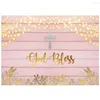 Decorazione per feste Battesimo Prima Comunione Sfondo Legno rosa Dio benedica Foglie d'oro Baby Shower Battesimo Torta Banner da tavolo