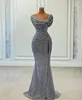 Designer Sequined Mermaid Prom Dresses Sexig High Side Split Silver Grey Party Dress Aftonkl￤nningar Kvinnor Formell Vestido de Noche
