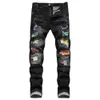 Men's Jeans Men Crystal Stretch Denim Jeans Streetwear Holes Ripped Patchwork Slim Straight Pants Colored Patches Trousers T221102