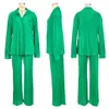 Grön tvådelar Set Elegant Outfits Women Casual Lapel Neck Shirt and Wide Ben Pants Set Free Ship